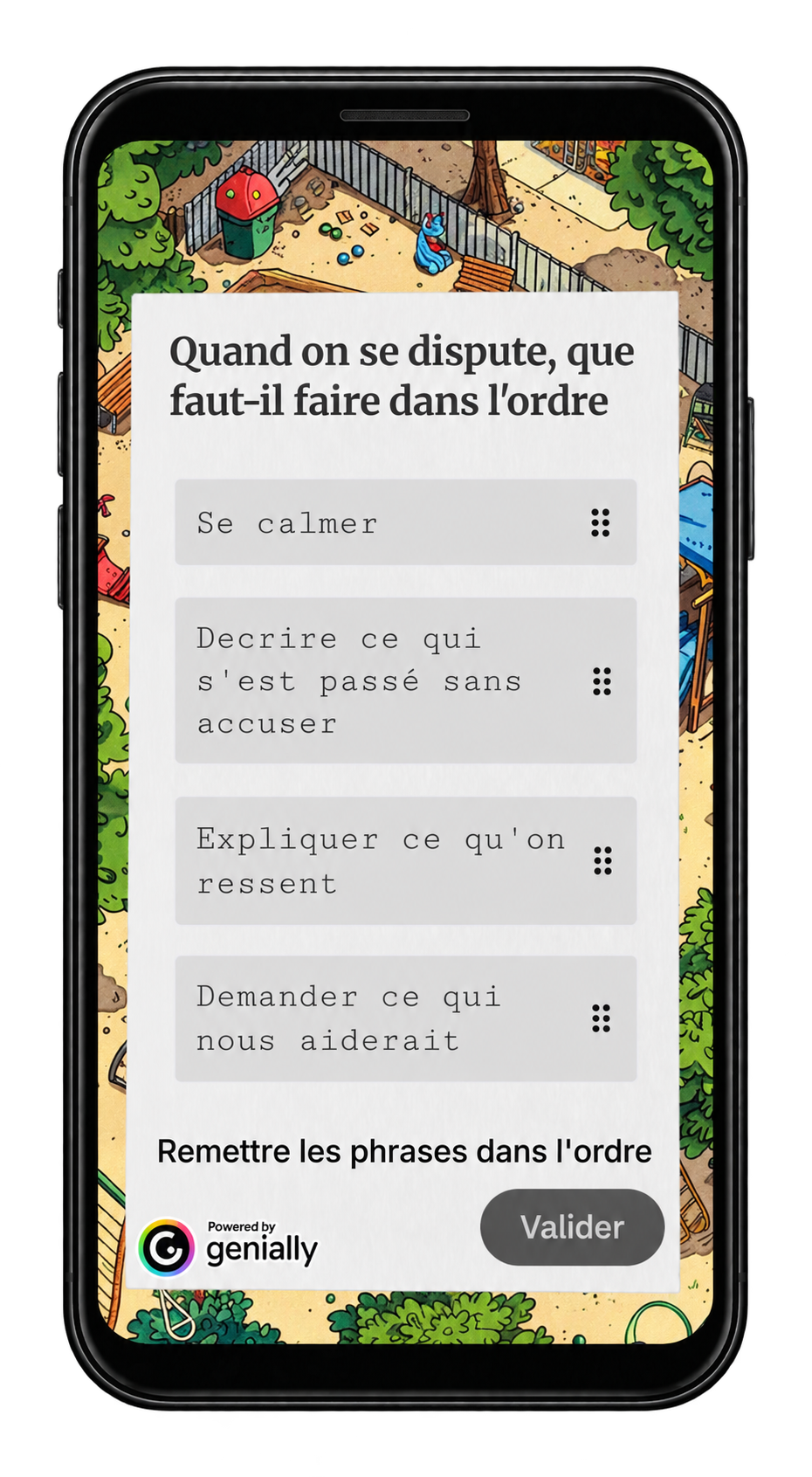 Aperçu du jeu sur smartphone : remettre dans l’ordre quatre étapes pour aborder une dispute.