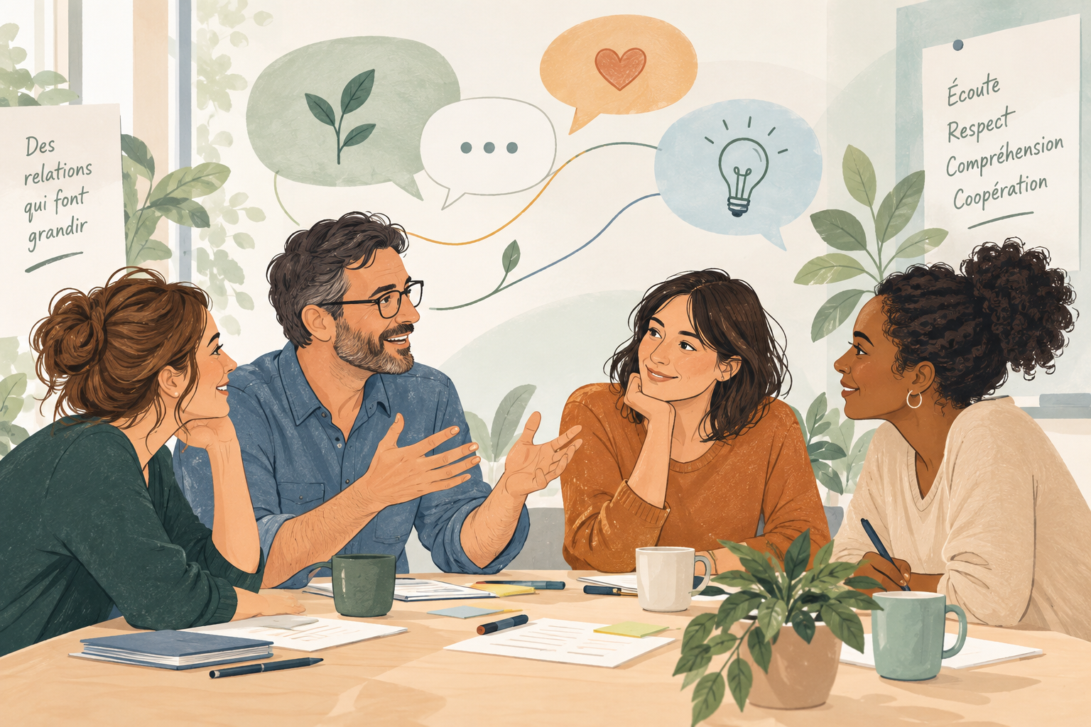 Illustration autour de la communication, de l'écoute et de la coopération