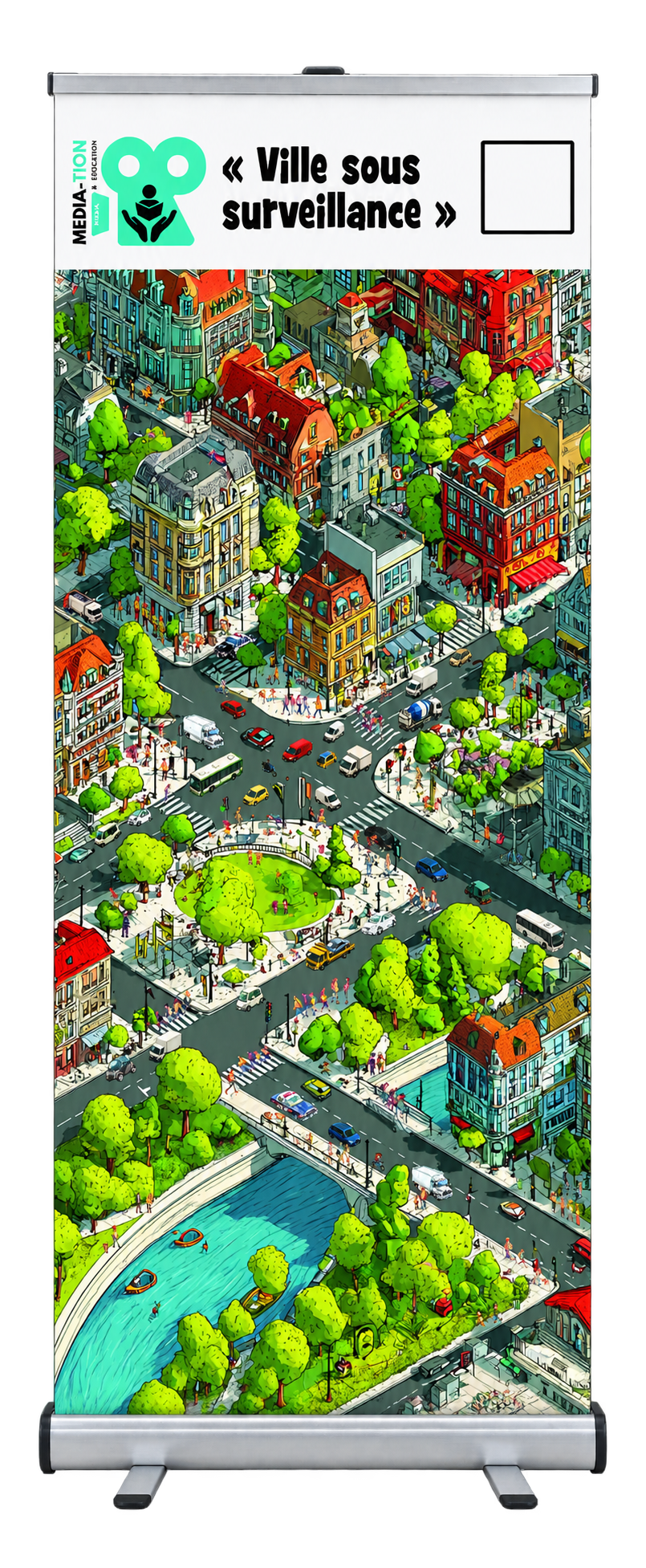 Roll-up Ville sous surveillance : une scène urbaine avec des rues, des véhicules, des piétons et des espaces verts à observer.