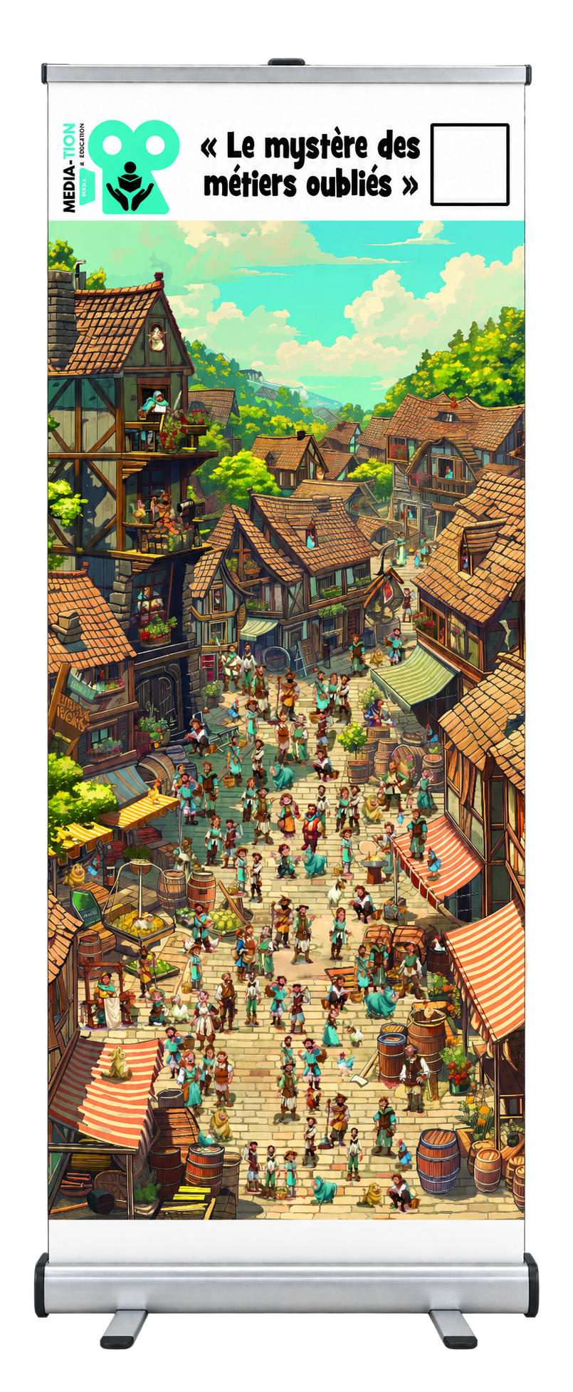 Roll-up Le mystère des métiers oubliés : une rue de village médiéval avec des échoppes et de nombreux personnages à observer.