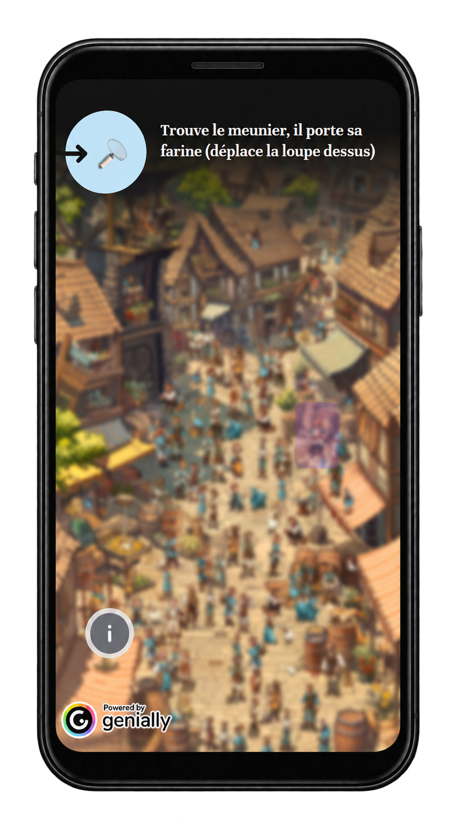 Aperçu du jeu sur smartphone : retrouver le meunier qui porte sa farine en déplaçant une loupe sur le village médiéval.