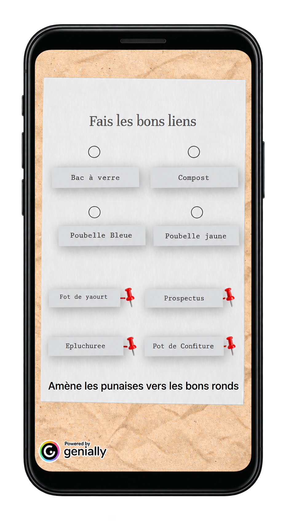 Aperçu du jeu Genially sur smartphone : associer des déchets aux catégories de tri.