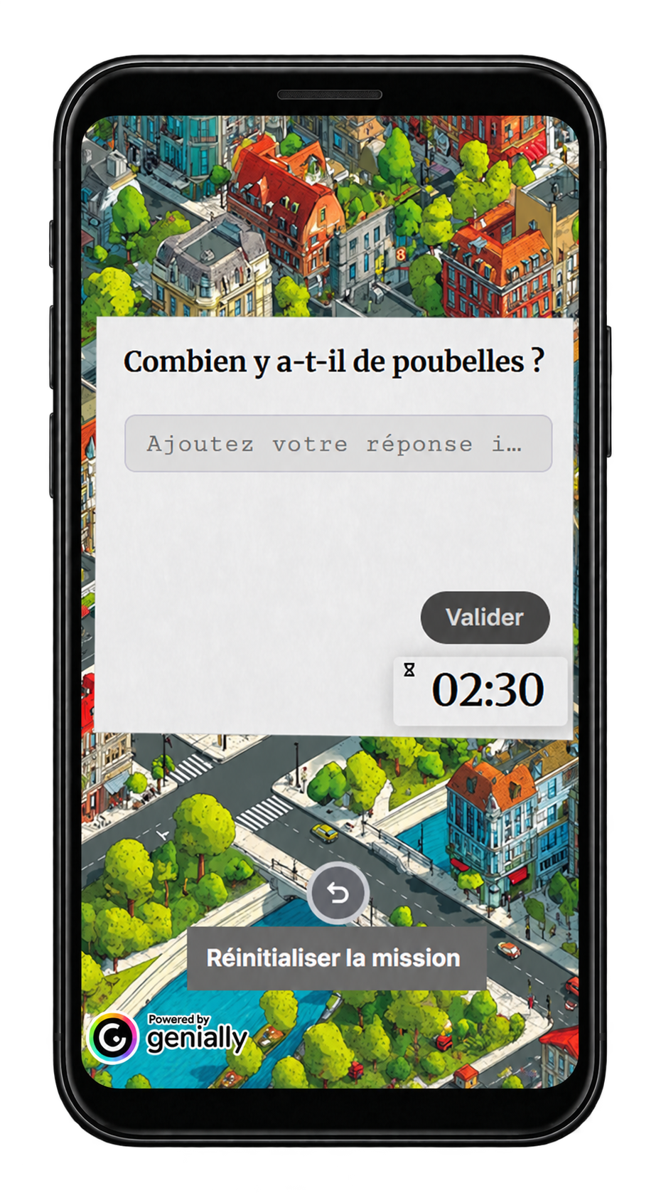 Aperçu du jeu Genially Ville sous surveillance sur smartphone : retrouver et compter les poubelles dans la ville.