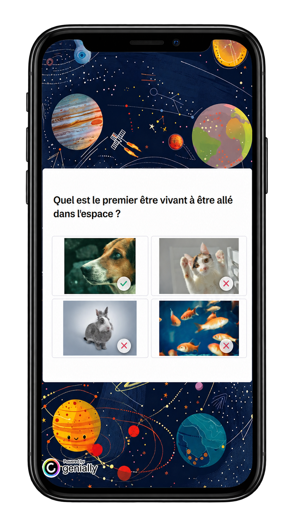 Aperçu du jeu Genially Expédition spatiale sur smartphone : une question à choix multiples sur les animaux et l’exploration spatiale.