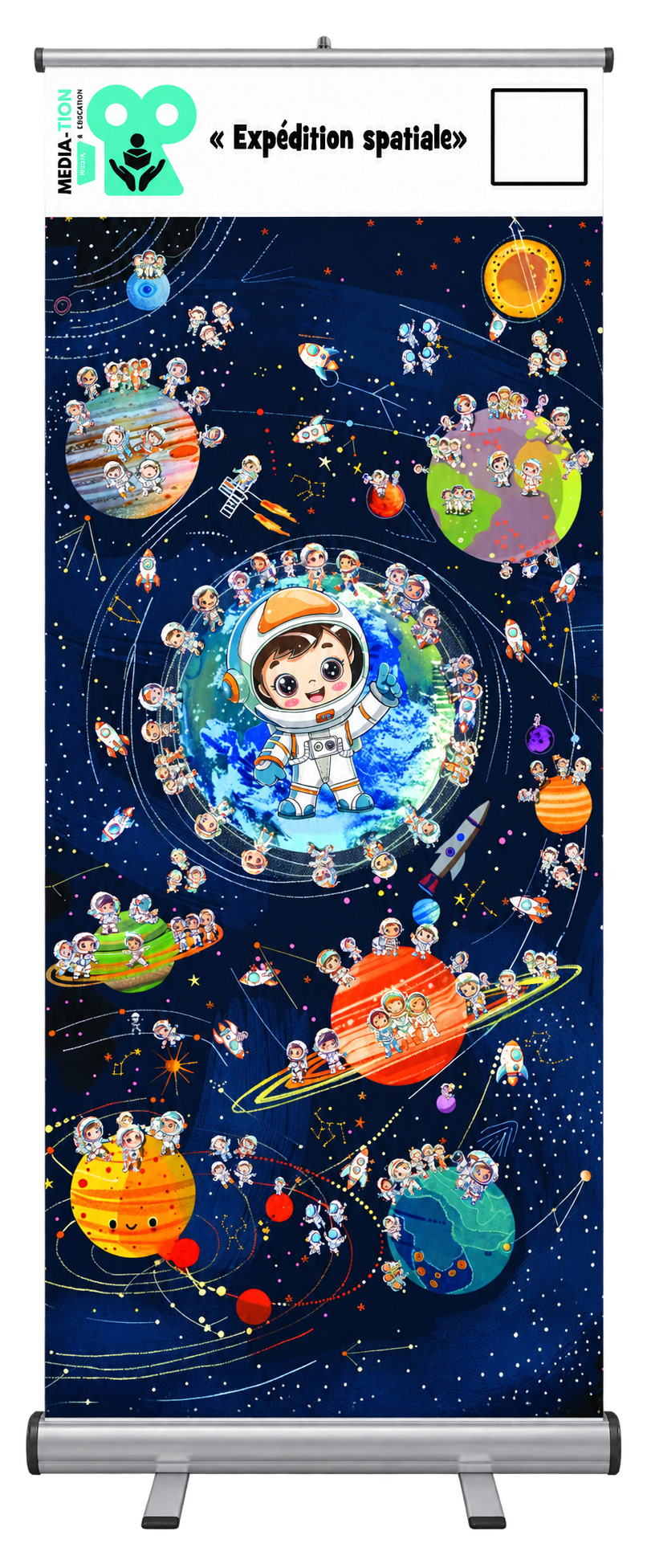 Roll-up Expédition spatiale : une illustration de l’espace avec des astronautes, des planètes, des fusées et des étoiles à observer.